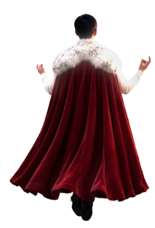A person wearing a red cape standing with their arms outstretched