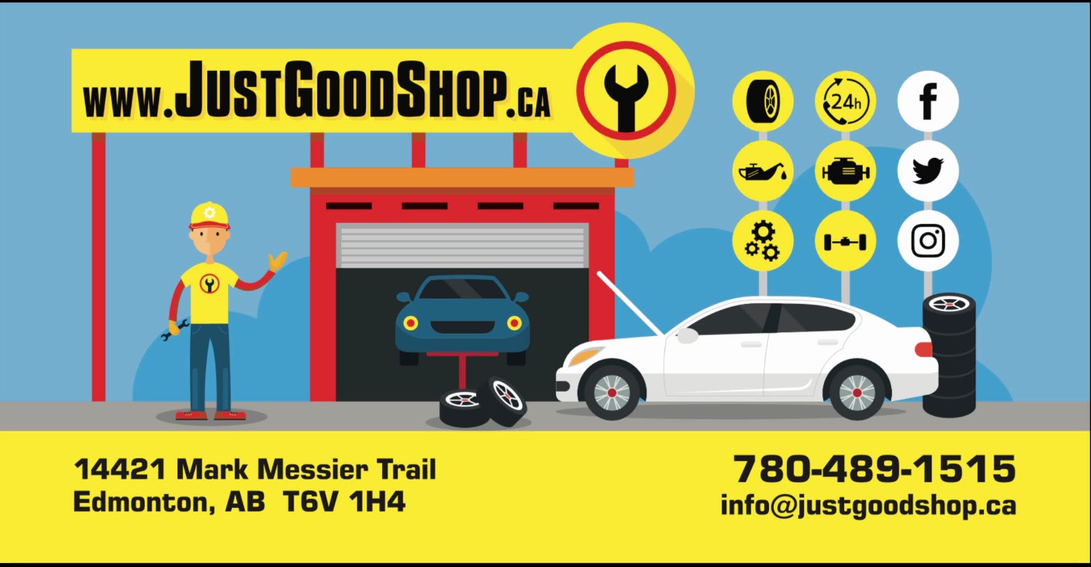 JustGoodShop banner with garage services and contact details