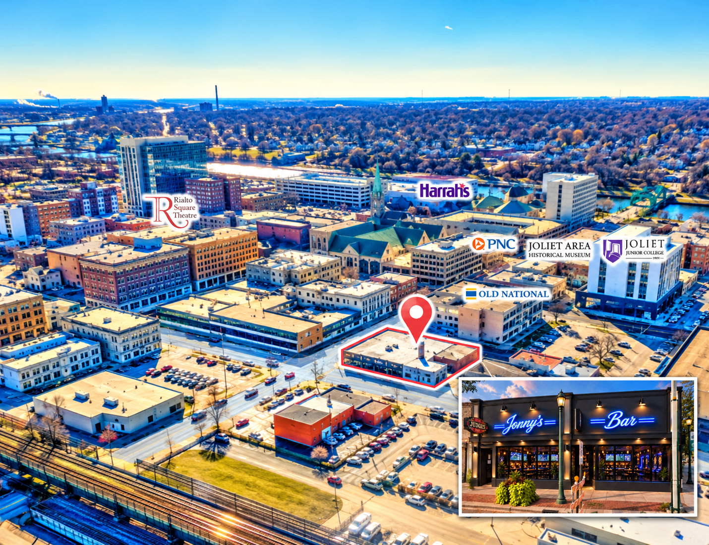 Aerial view of Downtown Joliet highlighting the future Jonny's Bar location near local landmarks