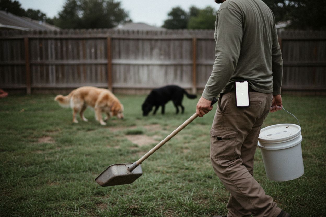 Pet waste technician cleaning yard while phone rings