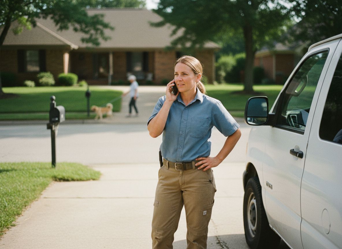 Field service technician speaking on phone by van