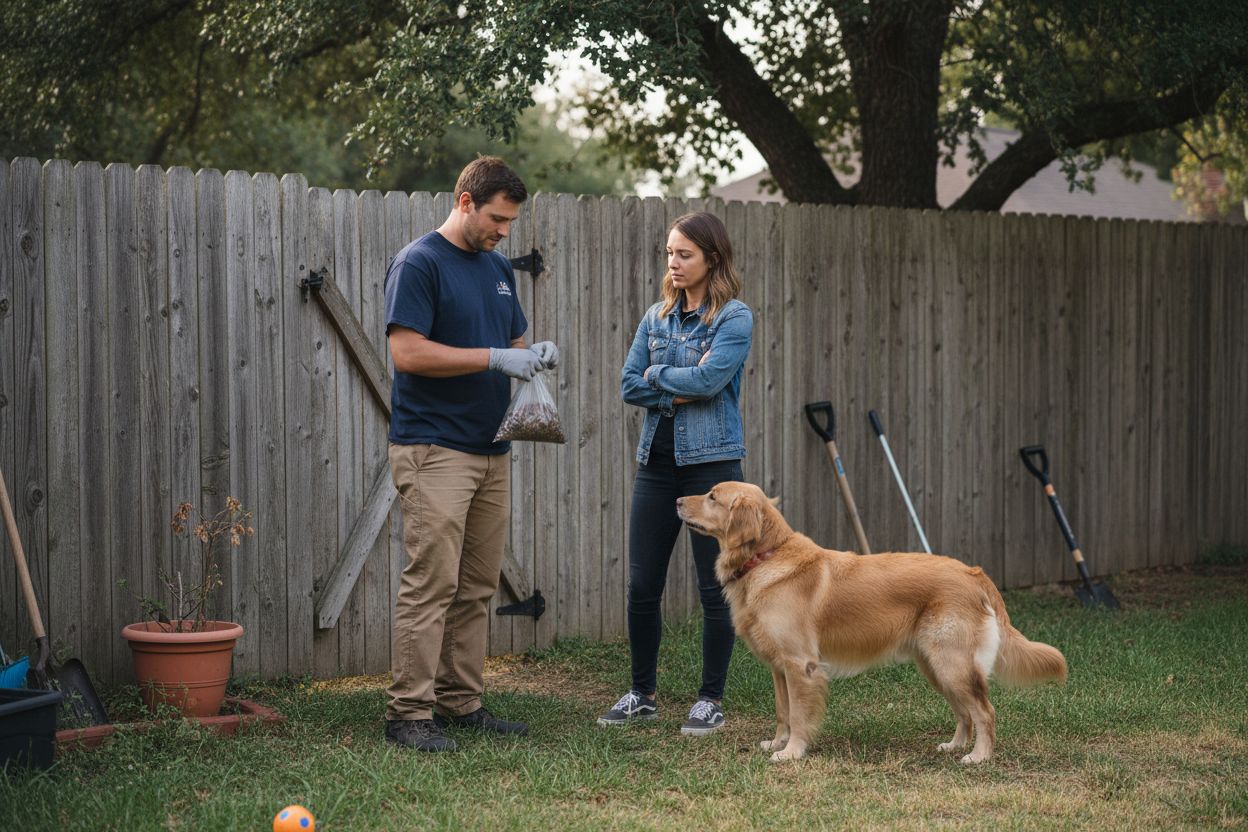 Technician and homeowner talking at yard gate