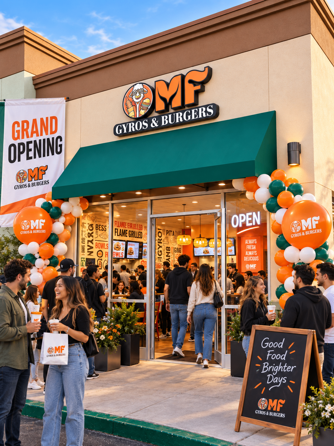MF Gyros & Burgers Grand Opening crowd at storefront