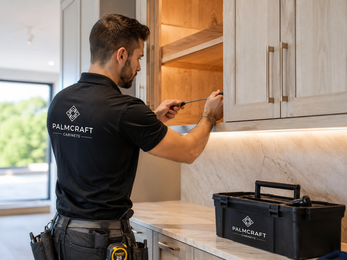 PalmCraft installer setting cabinets on site