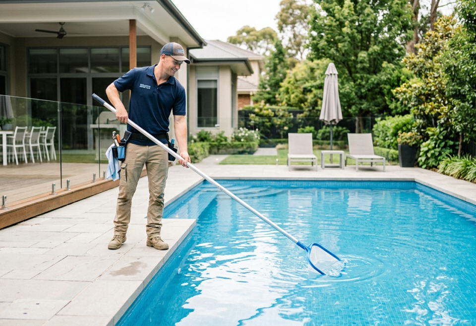 Pool service professional at work
