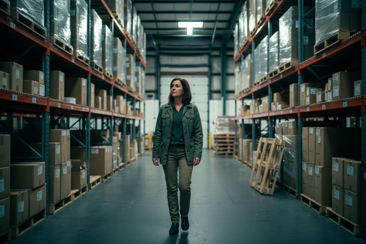 Manager in commercial warehouse aisle