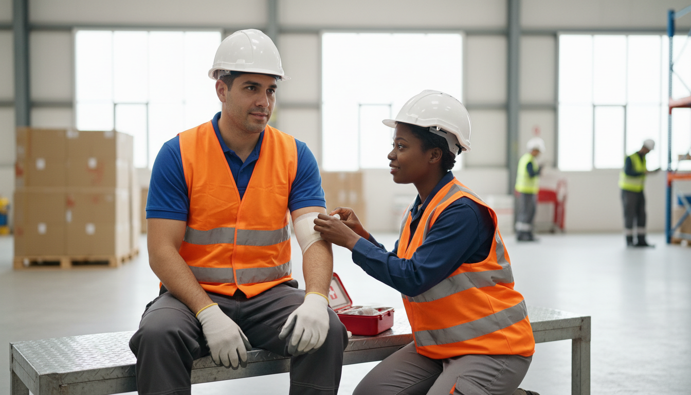 Employee receiving first aid after a workplace injury