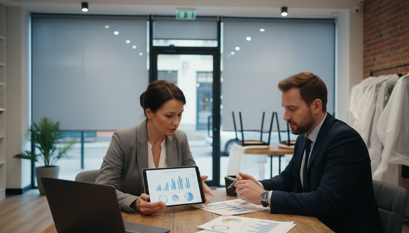 Business owner reviewing revenue reports with an insurance advisor after an operational interruption