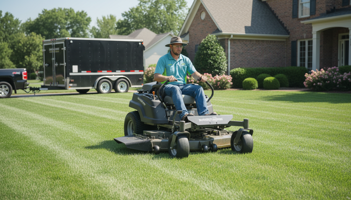 Lawn care professional mowing a freshly maintained green lawn