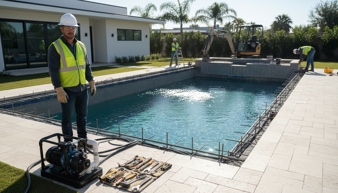 Pool contractor working beside a residential swimming pool and pool equipment