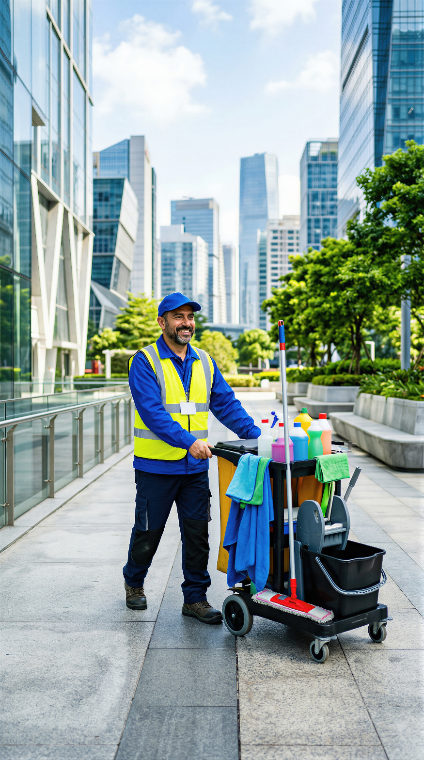 Janitorial professional with a cleaning cart outside a commercial building