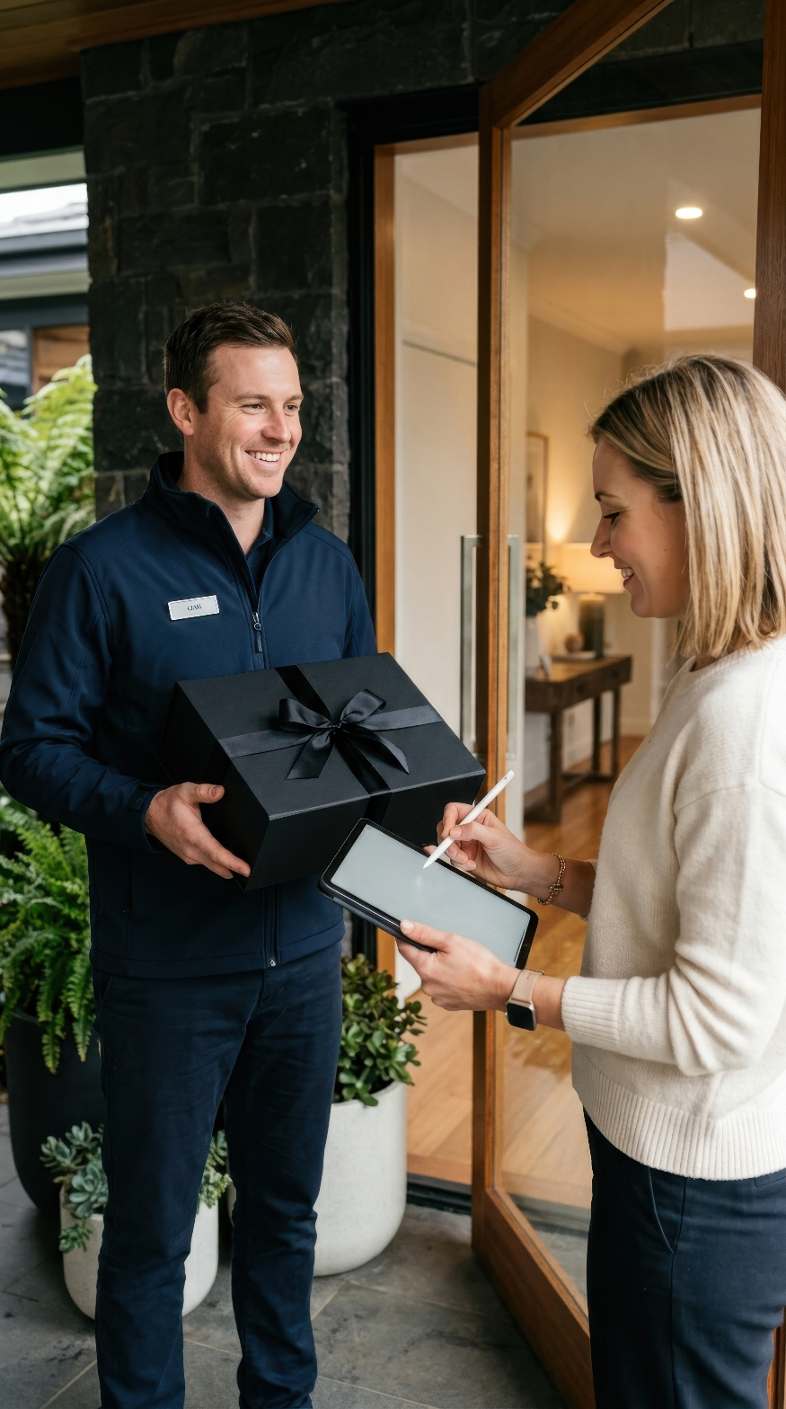 Delivery professional handing a package to a customer