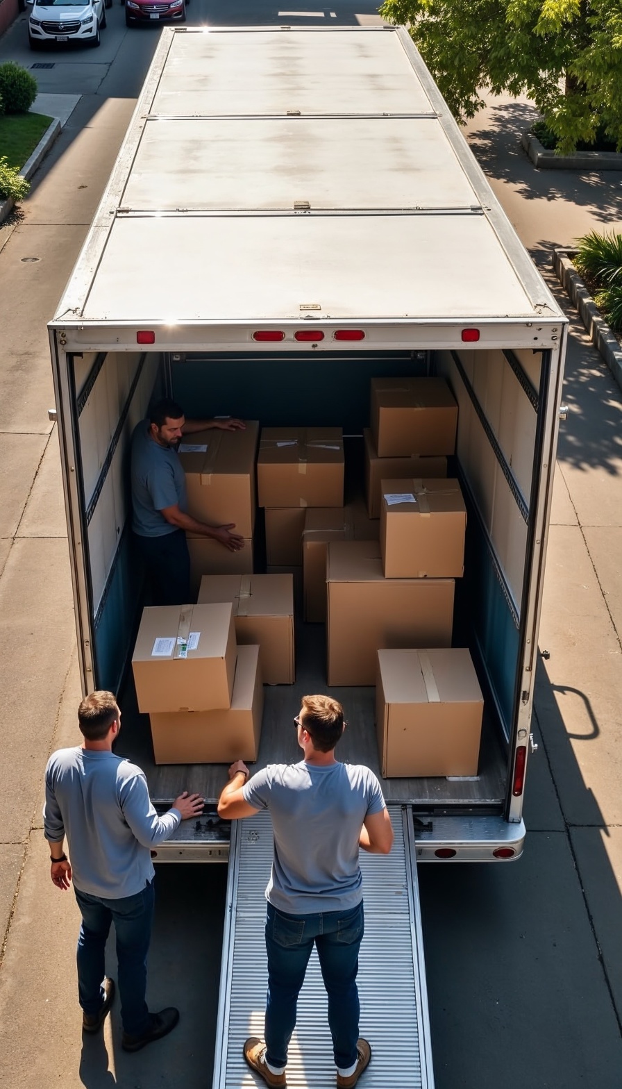Delivery crew loading packages into a box truck