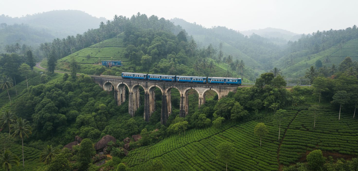 Nine Arch Bridge in Ella, Sri Lanka with a blue train crossing through lush green forest