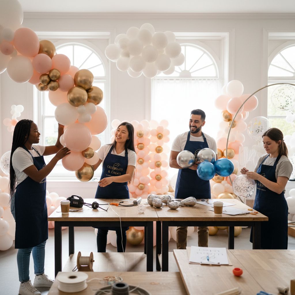 team arranging balloons