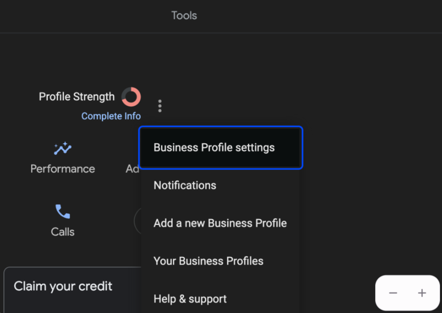 Screenshot showing Business Profile settings option