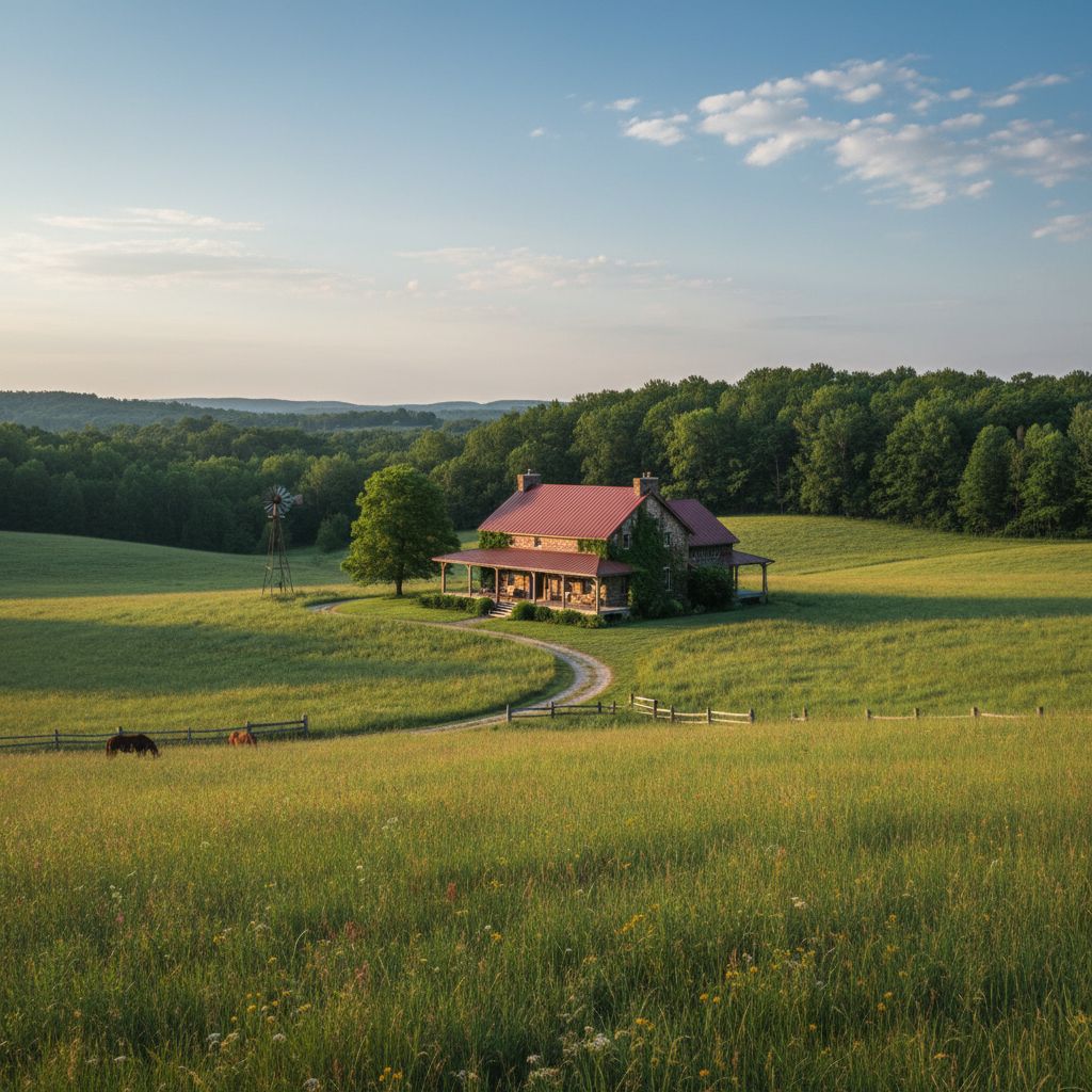 Farmhouse surrounded by farmland