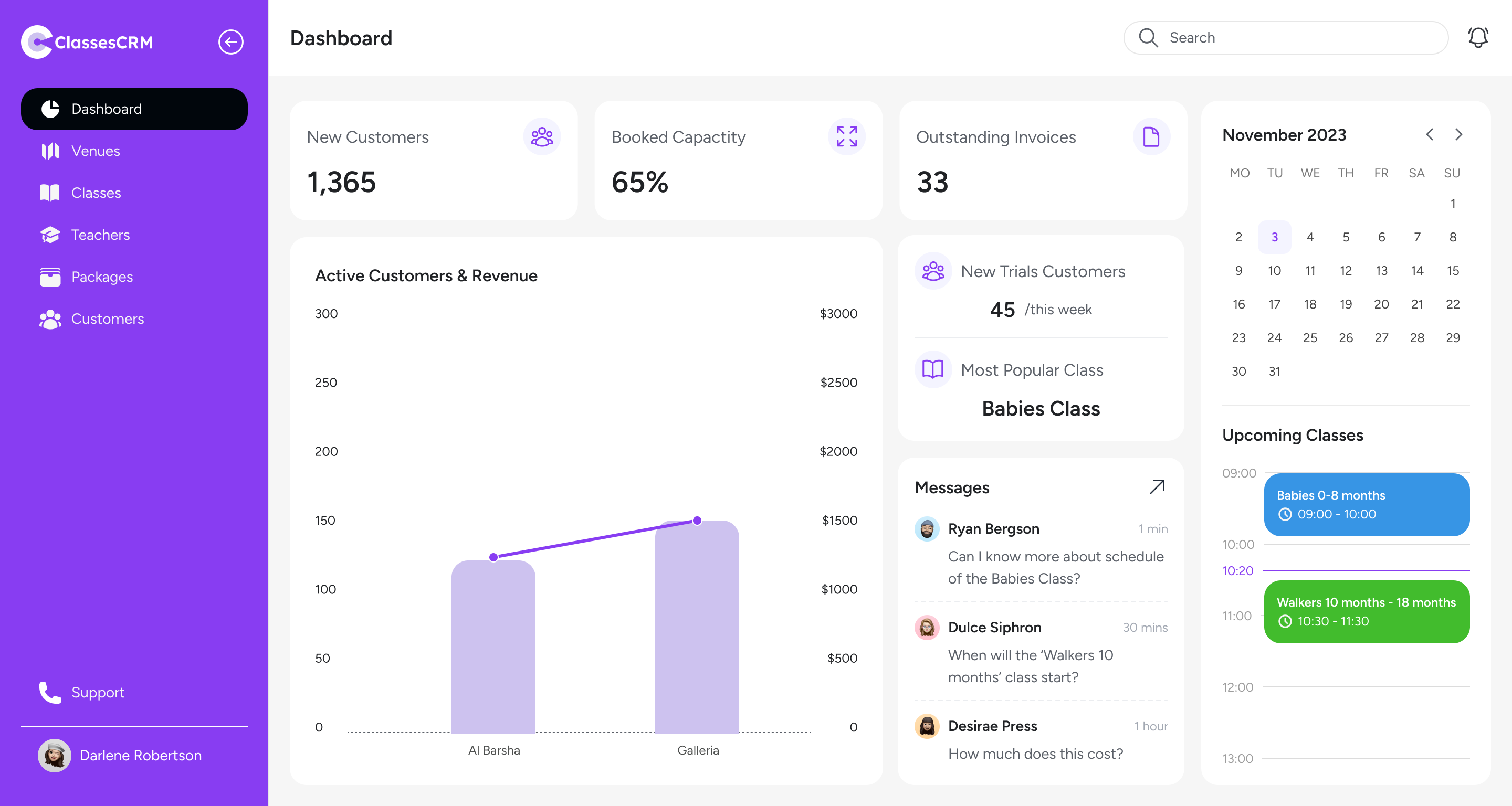 ClassesCRM Dashboard Interface