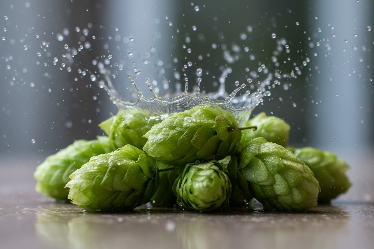 fresh hops and water splash closeup