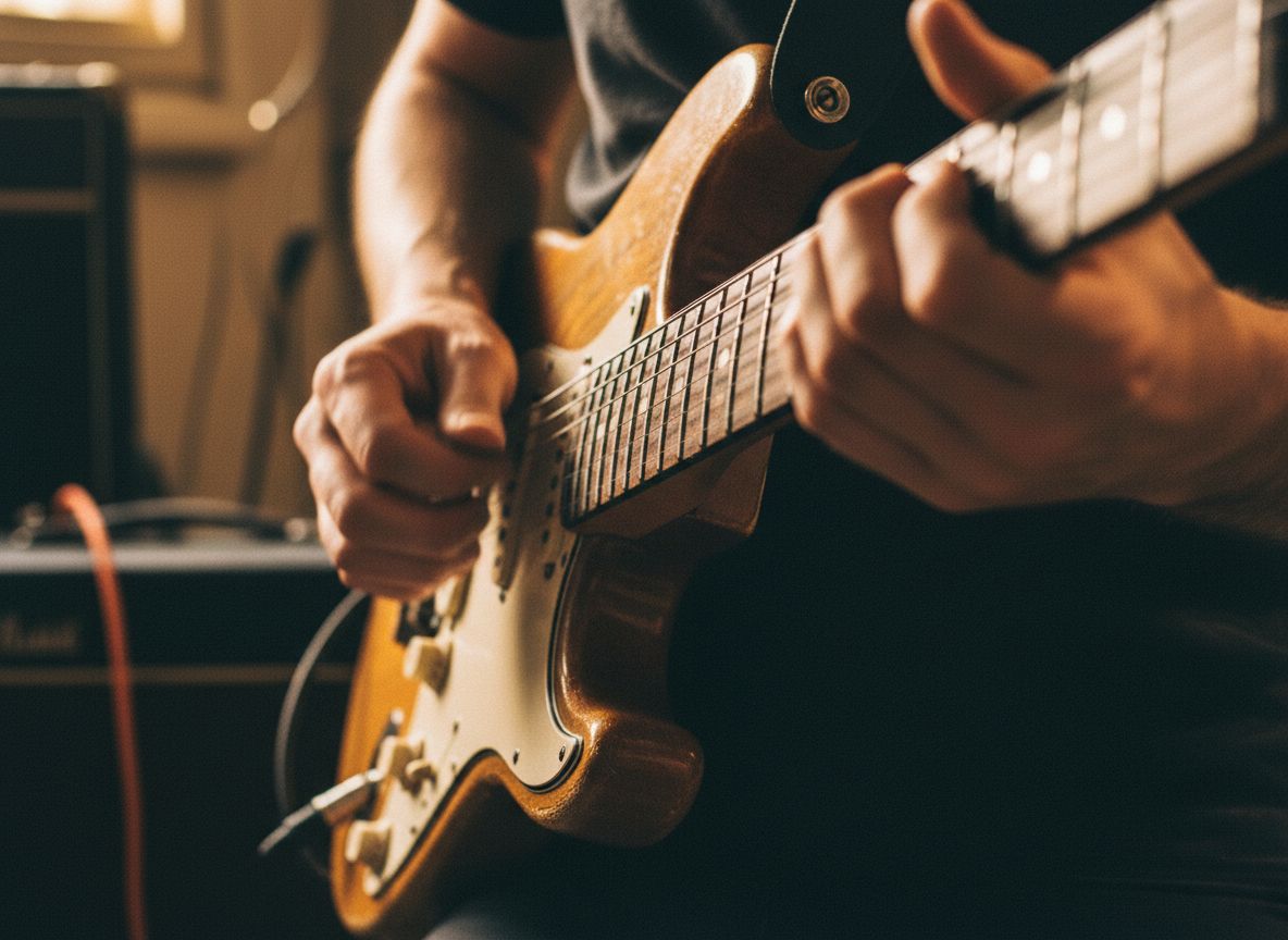 close up of electric guitar being played by musician