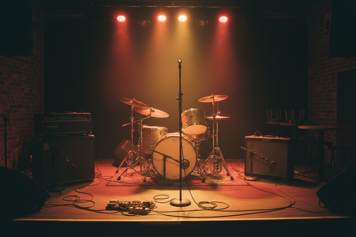 drum kit and amplifiers on empty stage