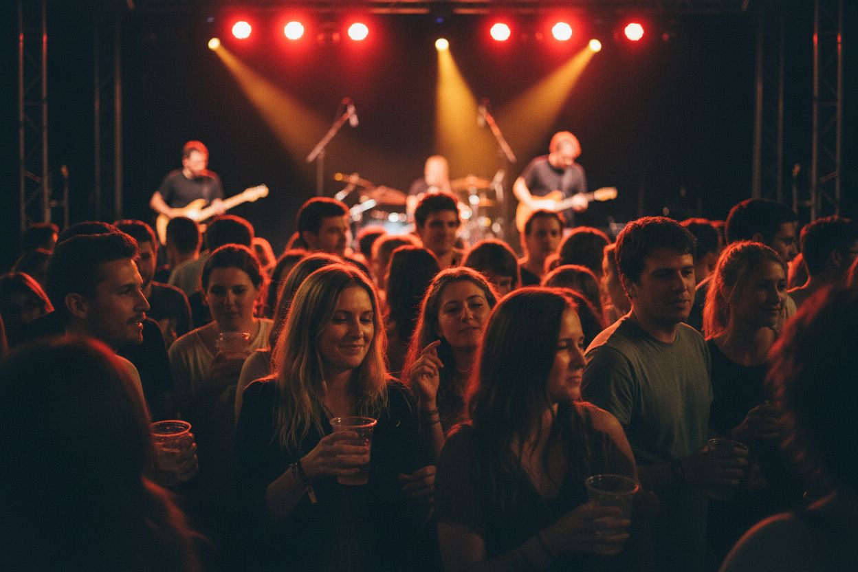 crowd enjoying small concert under red lighting