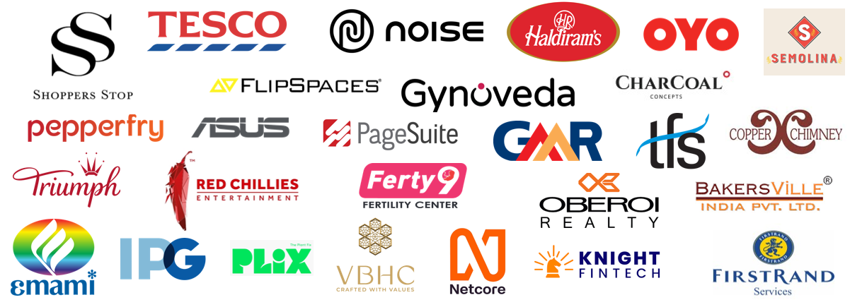 Trusted client brands including Shoppers Stop, Tesco, Noise, Haldirams, OYO, Flipspaces, Gynoveda, Pepperfry, ASUS, GMR, Triumph, Red Chillies Entertainment, Emami, IPG, PLiX, VBHC, Netcore and many more