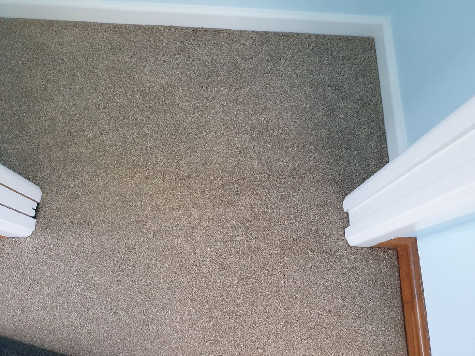 Brown carpet fitted neatly at white door frame with skirting boards