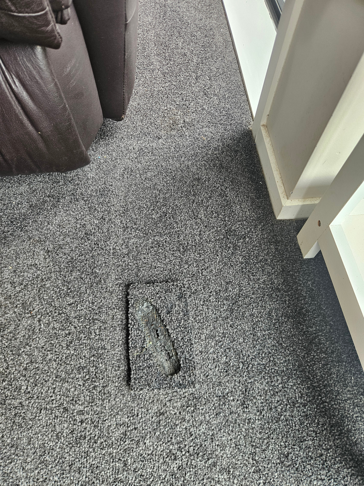 Dark grey carpet with burn or cut damage patch area visible near sofa leg and door frame