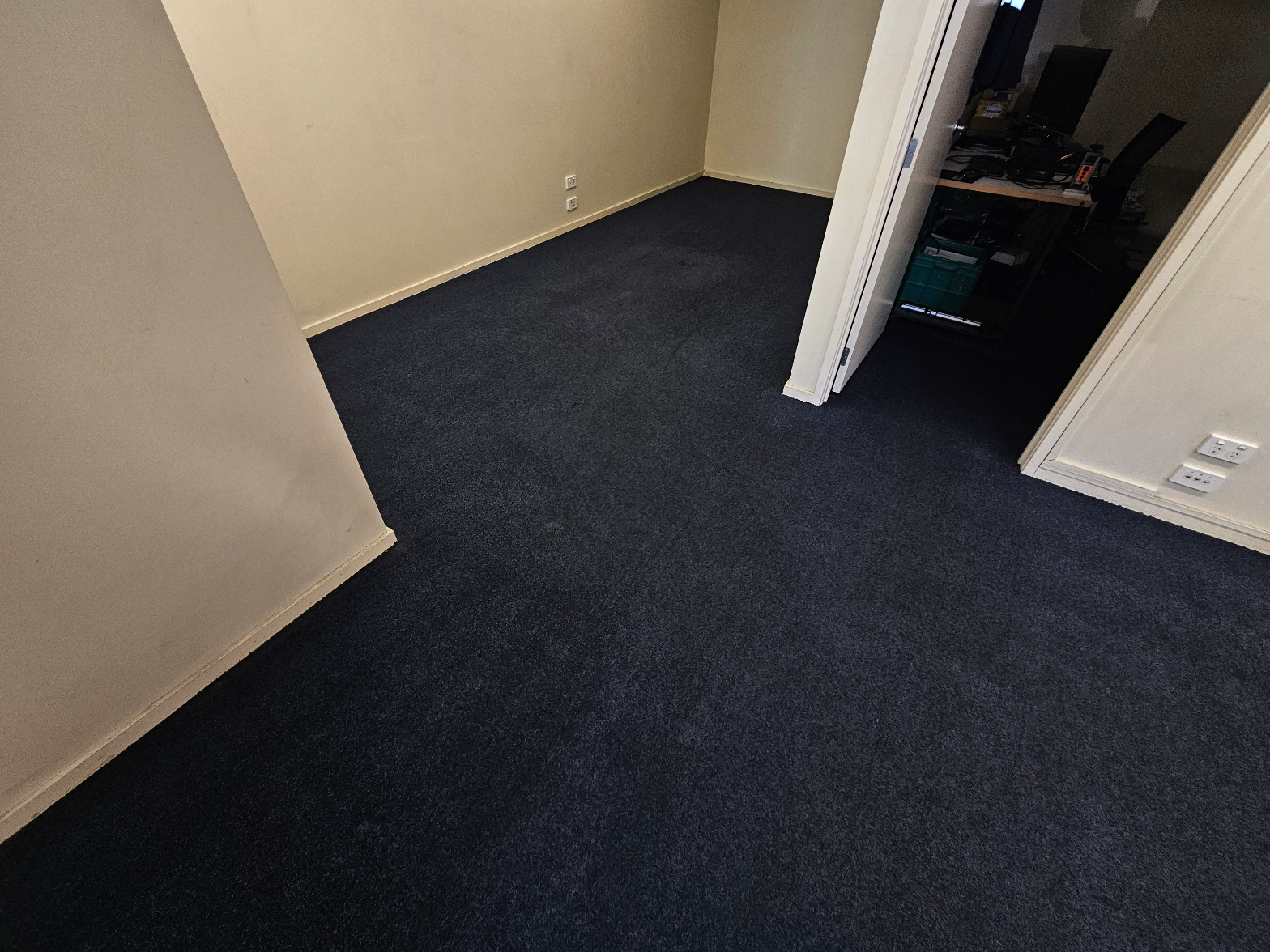 Dark navy carpet freshly cleaned in an empty office room with open doorway