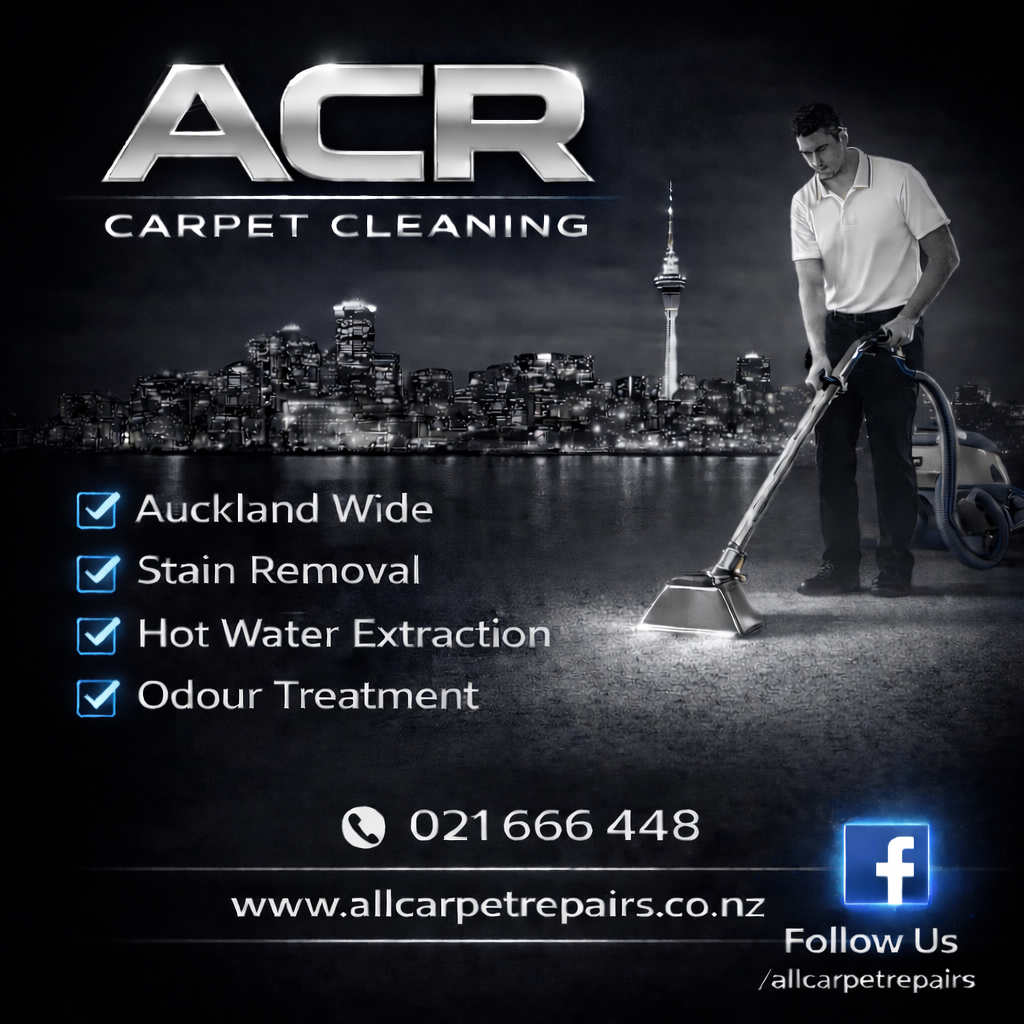 ACR Carpet Cleaning promotional graphic – Auckland Wide, Stain Removal, Hot Water Extraction, Odour Treatment