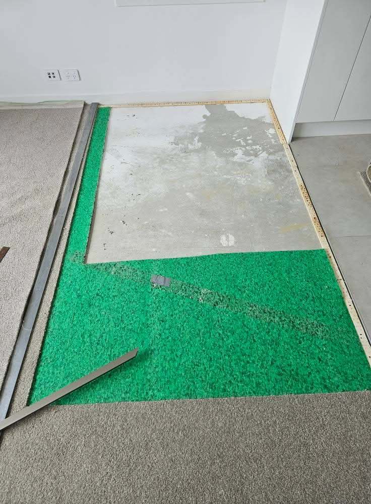 Carpet pulled back exposing green underlay and concrete subfloor during repair preparation