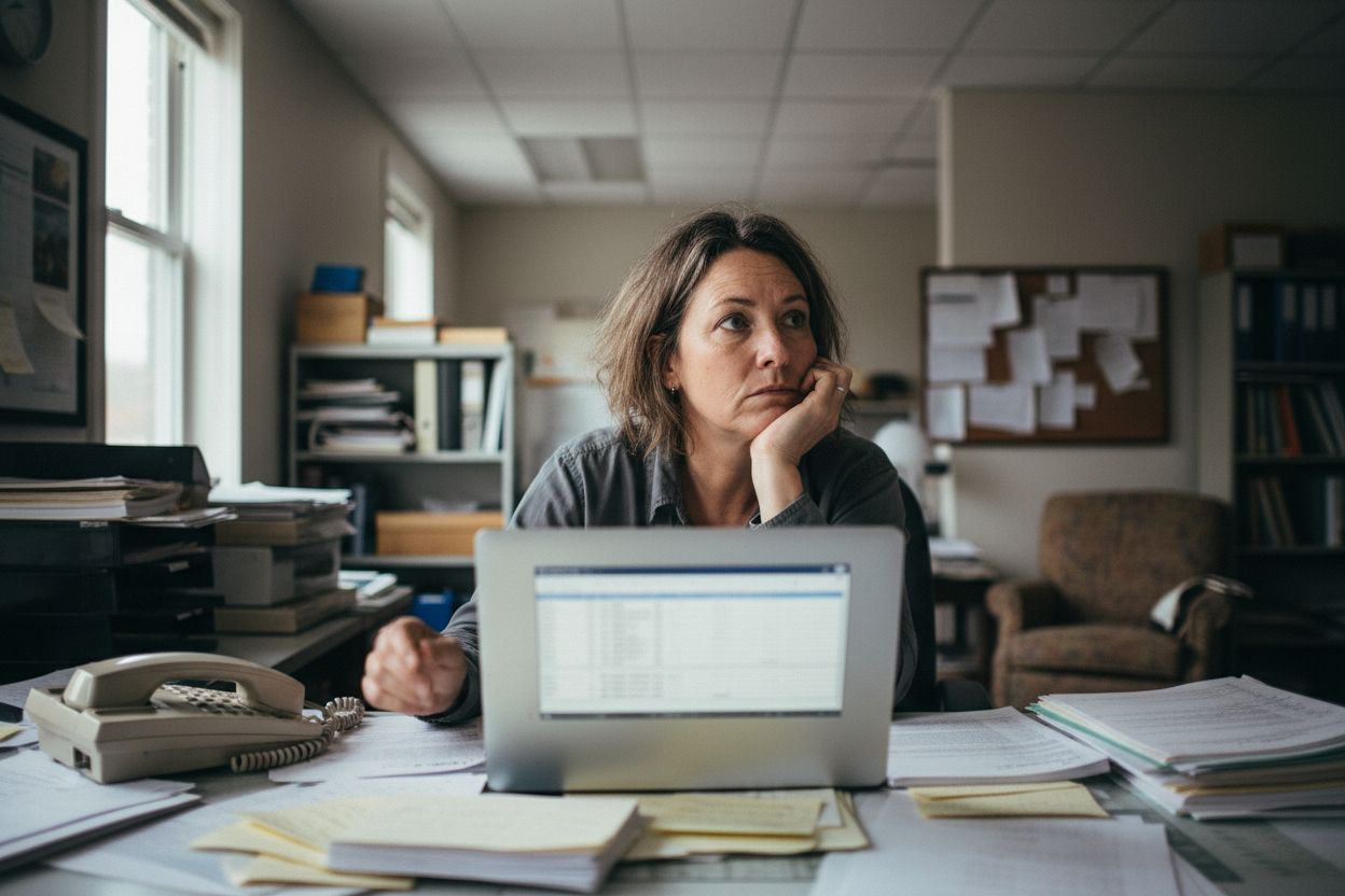 frustrated business owner at desk with phone and notes