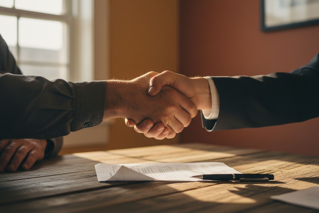 close up handshake over signed agreement paper