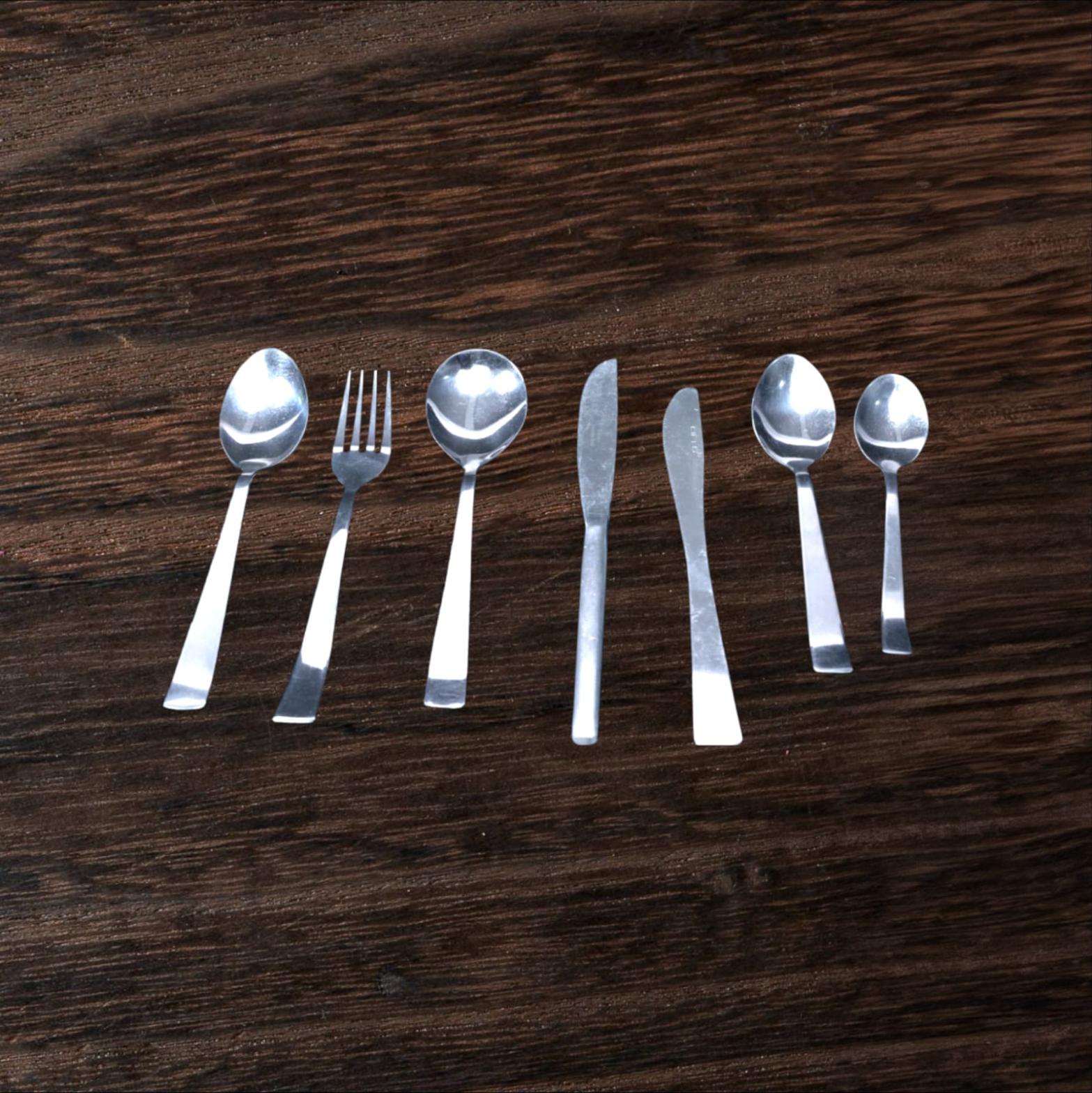 Steel cutlery set — spoons, fork and knife