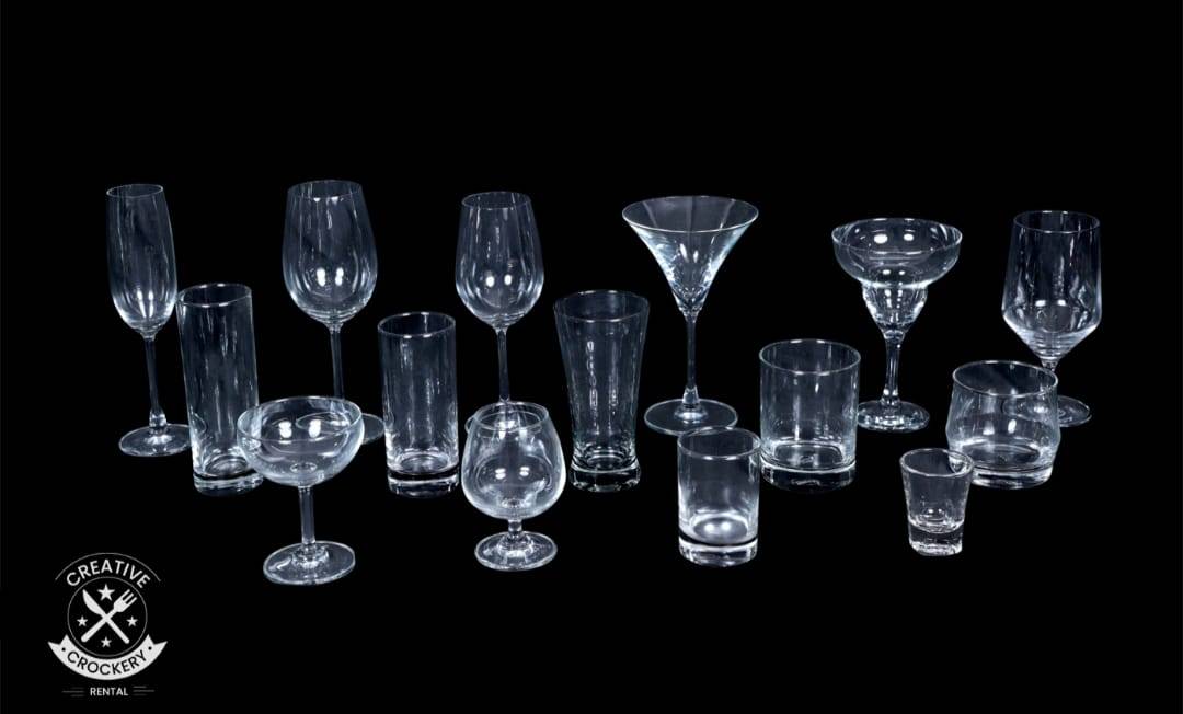 Complete glassware range — wine, cocktail, whisky and shot glasses