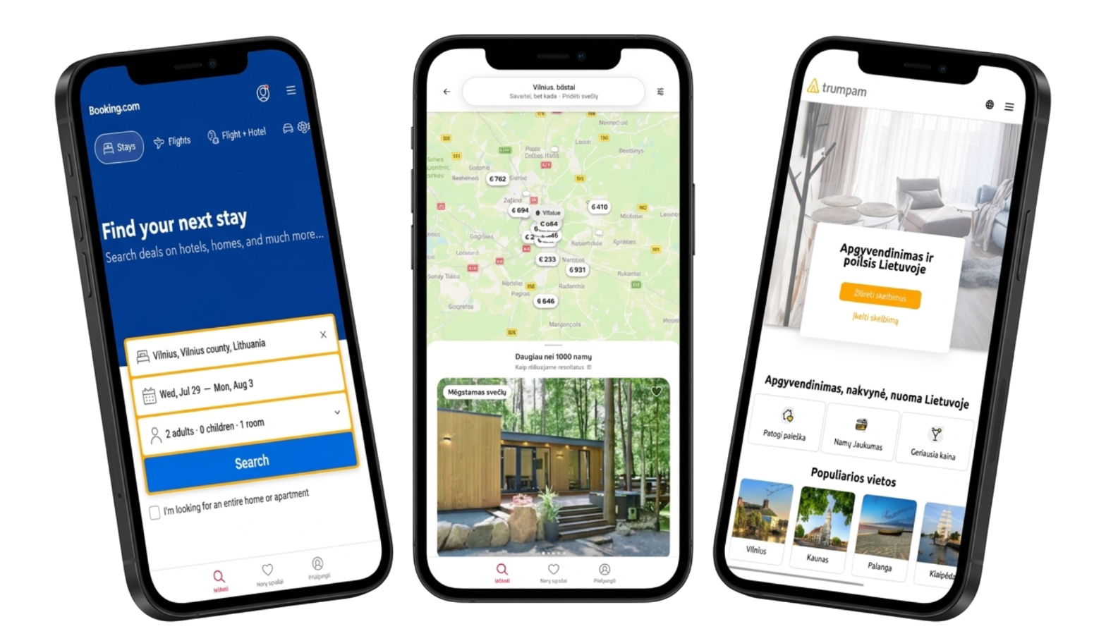 Booking.com, Airbnb and Trumpam apps shown on three smartphones for Lithuanian short-term rental management.