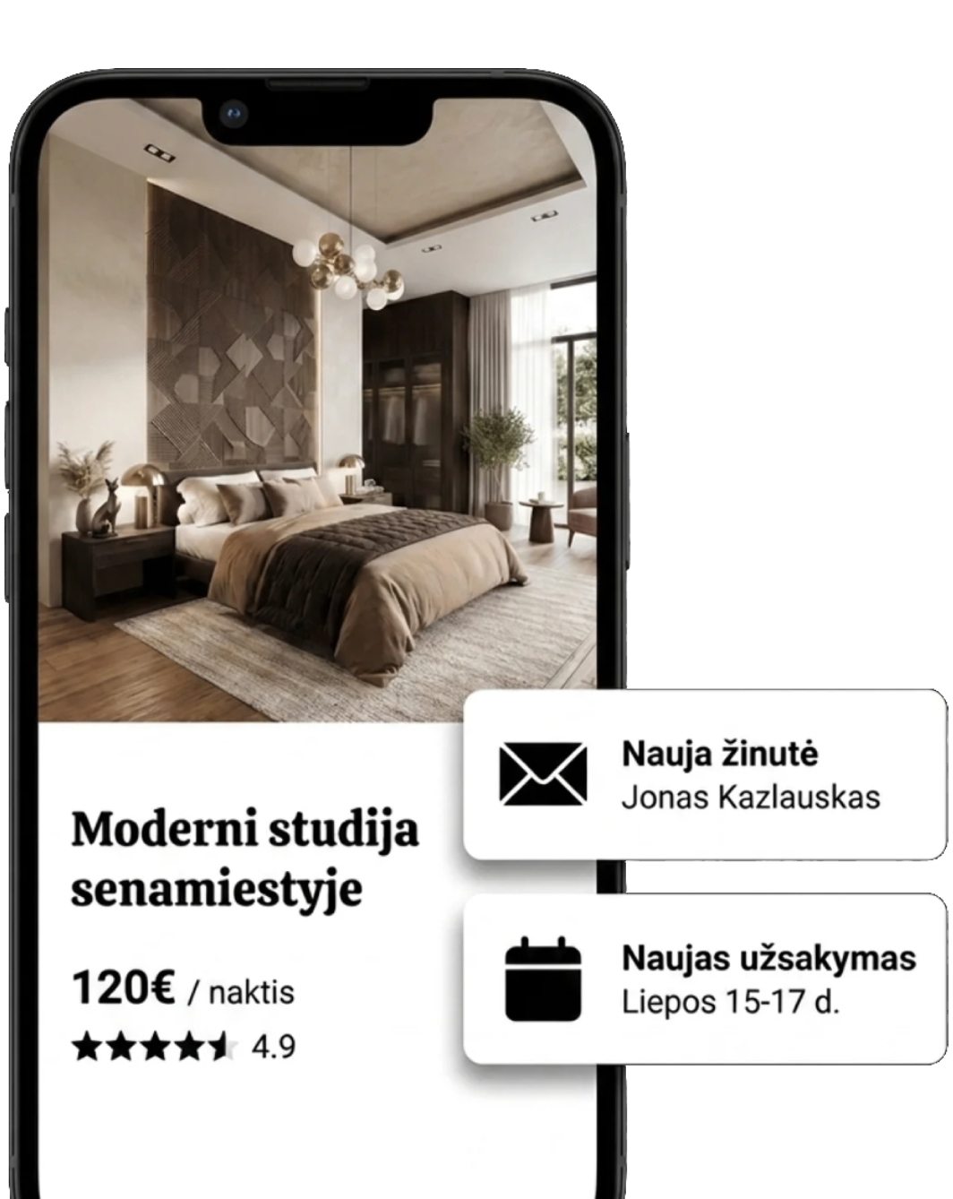 Moderni studija senamiestyje – trumpalaikės nuomos valdymas su naujos žinutės ir užsakymo pranešimais.