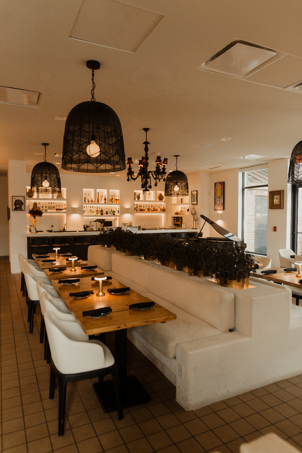 Bar and dining room with pendant lights