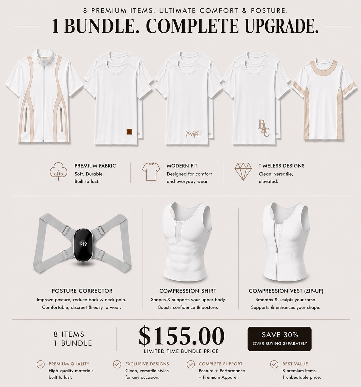 Bel Air Core Posture & Spinal Alignment Bundle product lineup showing fabric composition where the top three center shirts are 100% cotton and the two end shirts are cotton blend.