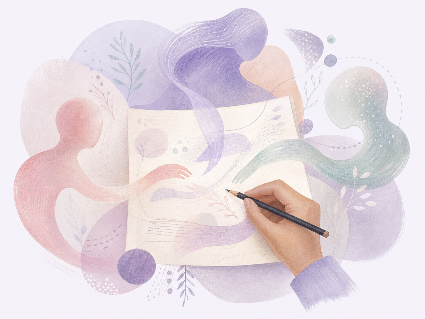 A human hand and several abstract agent forms collaborating on one shared page