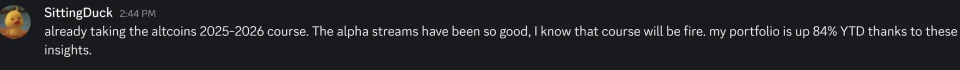 Discord testimonial - Portfolio up 84% YTD
