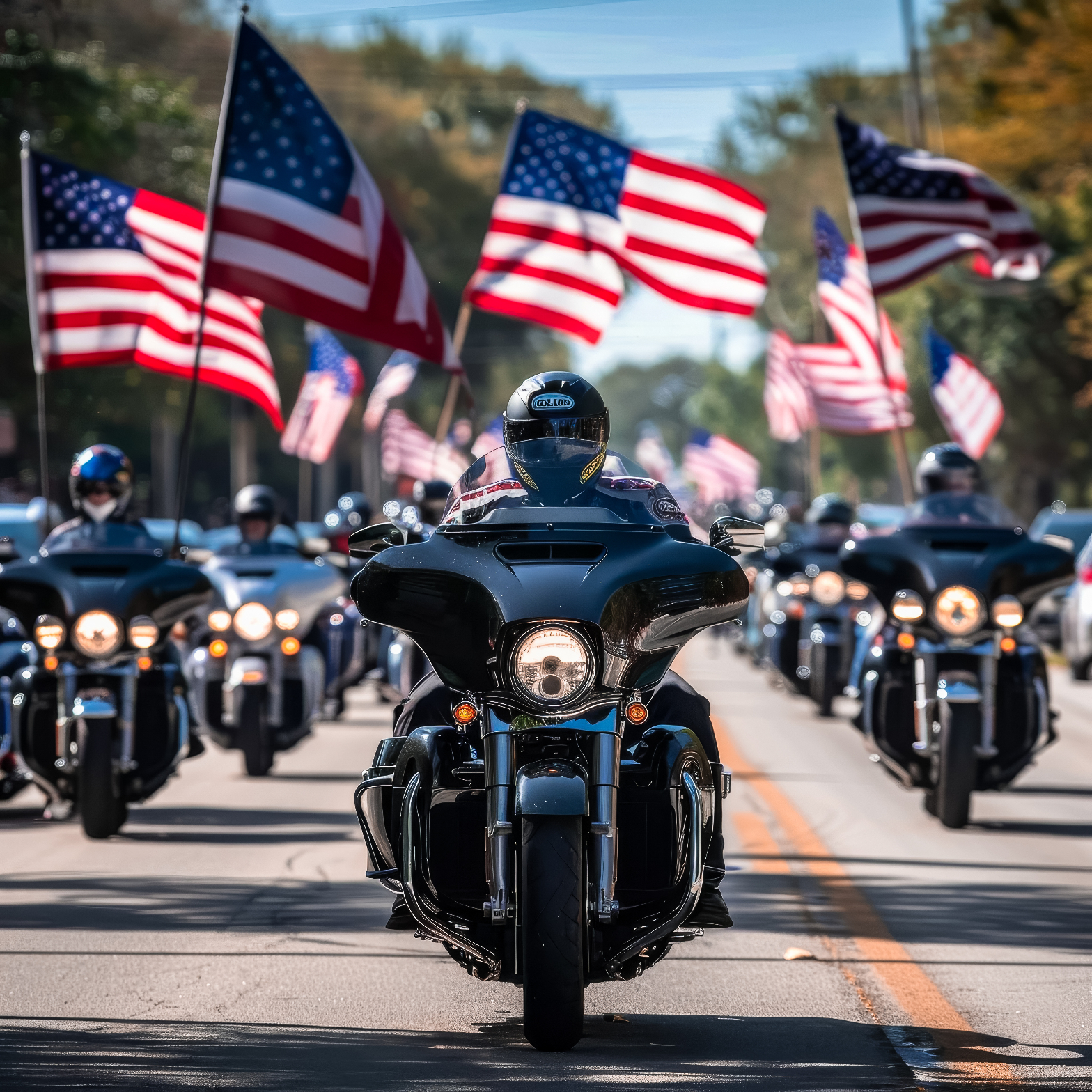 Group of motorcycle riders with American flags on a road