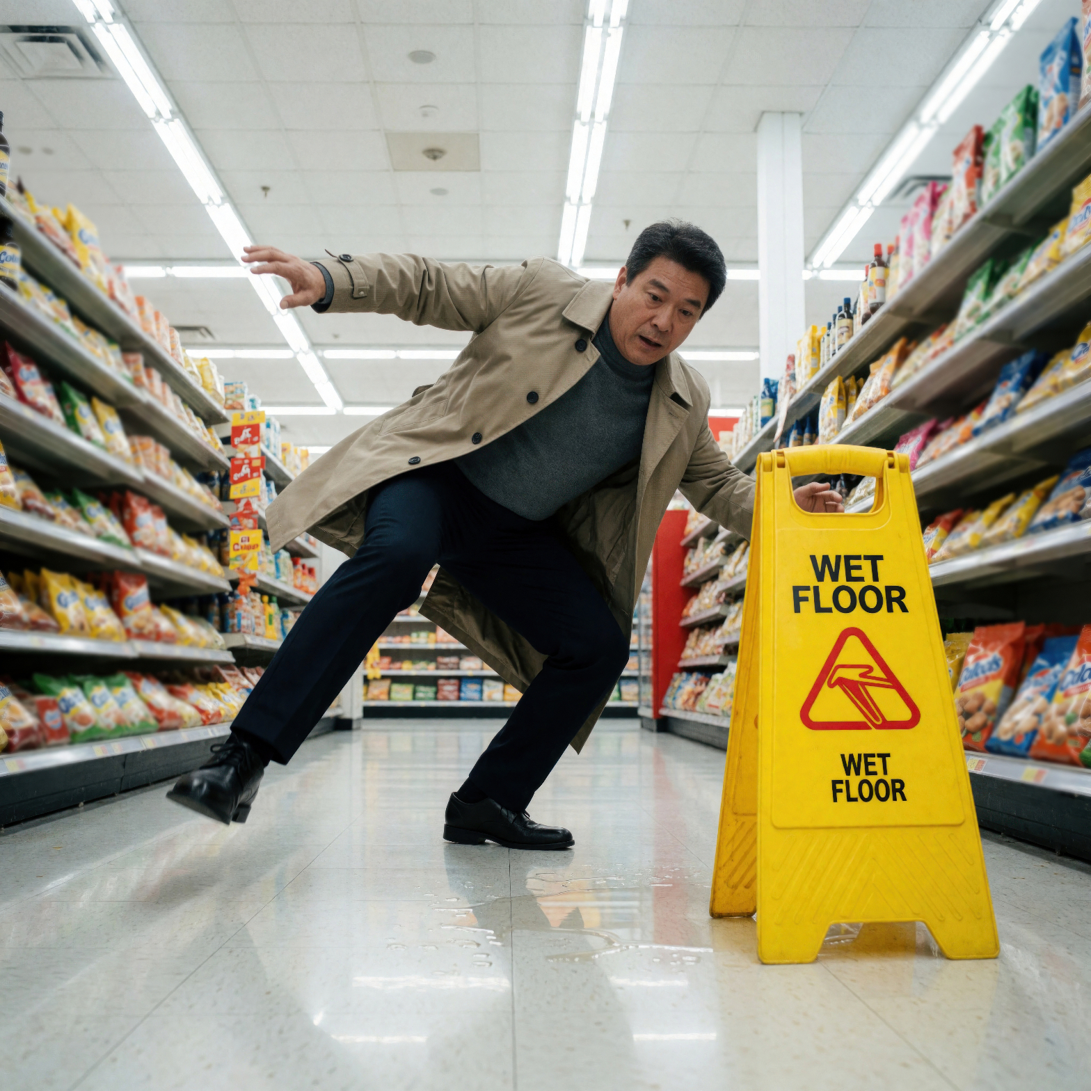 Person slipping near a wet floor warning sign in a grocery store