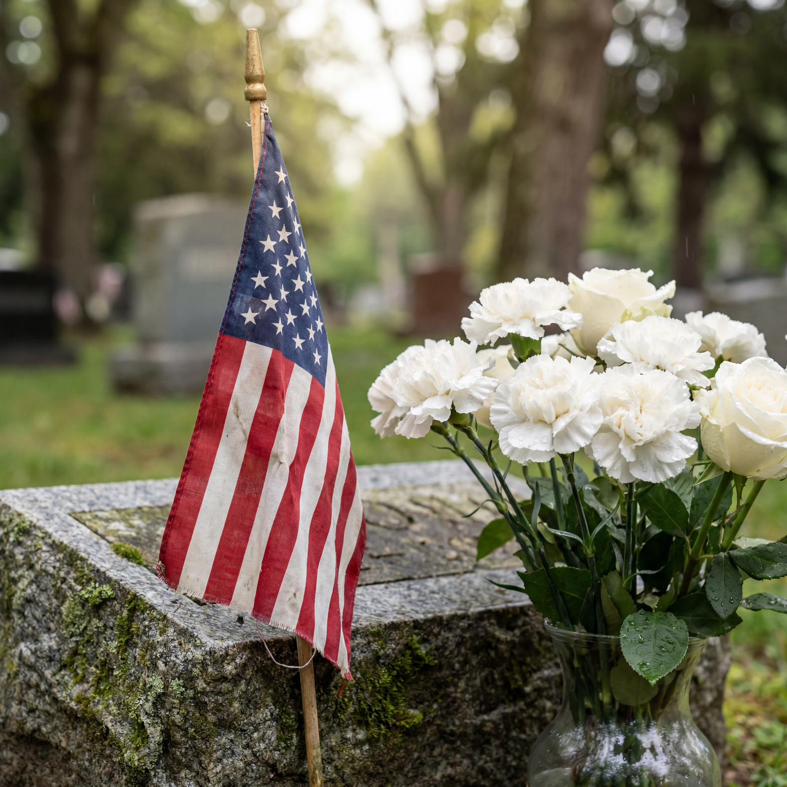 American flag and white memorial flowers at a cemetery